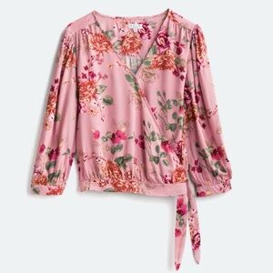 NEW AVLN STUDIO Pink Floral Codey Surplice Wrap Tie Top Shirt - Small